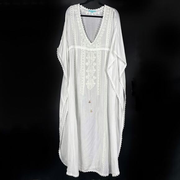 Melissa Odabash Kaftan Maxi Dress Coverup White V-Neck Eyelet Sequins One Size - Picture 1 of 9